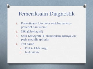Pemeriksaan Diagnostik
1. Pemeriksaan foto polos vertebra antero-
posteriot dan lateral
2. MRI (Myelografi)
3. Scan Tomografi  memastikan adanya lesi
pada medulla spinalis
4. Test darah
a. Protein lebih tinggi
b. Leukositosis
 