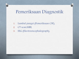 Pemeriksaan Diagnostik
1. Lumbal pungsi (Pemeriksaan CSF),
2. CT scan/MRI,
3. EEG (Electroencephalograph),
 