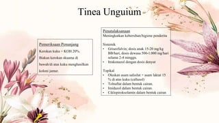 Tinea Unguium
Pemeriksaan Penunjang
Kerokan kuku + KOH 20%.
Biakan kerokan skuama di
bawah/di atas kuku menghasilkan
koloni jamur.
Penatalaksanaan
Meningkatkan kebersihan/higiene penderita
Sistemik
• Griseofulvin; dosis anak 15-20 mg/kg
BB/hari, dosis dewasa 500-1.000 mg/hari
selama 2-4 minggu.
• Itrakonazol dengan dosis denyut
Topikal
• Oleskan asam salisilat + asam laktat 15
% di atas kuku (callusol)
• Tolnaftat dalam bentuk cairan.
• Imidazol dalam bentuk cairan.
• Ciklopiroksolamin dalam bentuk cairan
 