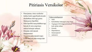 Pitiriasis Versikolor
• Panu/panau, tinea versikolor
• Infeksi kulit superfisialis kronik
disebabkan oleh ragi genus
Malassezia (lipofilik)
• Sifat lipofilik menyebabkan ragi
banyak di area yang kaya
sekresi kelenjar sebasea
• Ditandai oleh daerah
depigmentasi
• Terutama pada daerah tropis
• Lebih banyak pada remaja dan
dewasa muda
Faktor predisposisi:
• Suhu
• Kelembaban linkungan yang tinggi
• Tegangan CO2 tinggi permukaan
kulit akibat oklusi
• Genetik
• Hiperhidrosis
• Imunosupresif
• malnutrisi
 