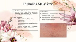 Folikulitis Malassezia
• Disebut juga folikulitis pitirosporum
• Penyakit kronis pada folikel pilosebasea
disebabkan jamur Malassezia spp. (Malassezia
globosa dan Malassezia sympodialis)
Faktor predisposisi:
• Suhu/kelembaban udara yg tinggi
• Hiperhidrosis
• Pakaian oklusif
• Penggunaan antibiotik dan kortikosteroid
lokal/sistemik
• Penyakit tertentu (DM, keganasan,
kehamilan, AIDS & sindrom down)
Gambaran Klinis
• Keluhan gatal di batang tubuh, leher, dan lengan
bagian atas, jarang di wajah
• Papul dan pustule perifolikular ukuran 2-3mm
dengan peradangan minimal.
 