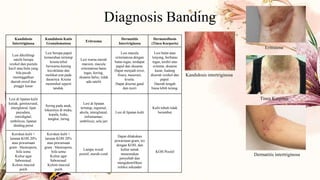 Diagnosis Banding
Kandidosis
Intertriginosa
Kandidosis Kutis
Granulomatosa
Eritrasma
Dermatitis
Intertriginosa
Dermatofitosis
(Tinea Korporis)
Lesi dikelilingi
satelit berupa
vesikel dan pustule
kecil atau bula yang
bila pecah
meninggalkan
daerah erosif dan
pinggir kasar
Lesi berupa papul
kemerahan tertutup
krusta tebal
berwarna kuning
kecoklatan dan
melekat erat pada
dasarnya. Krusta
menimbul seperti
tanduk.
Lesi warna merah
maroon, macula
eritematosa batas
tegas, kering,
skuama halus, tidak
ada satelit
Lesi macula
eritematosa dengan
batas tegas, terdapat
papul dan skuama.
Dapat menjadi erosi,
fisura, maserasi,
krusta.
Dapat disertai gatal
dan nyeri
Lesi bulat atau
lonjong, berbatas
tegas, terdiri atas
eritema, skuama
kasar, kadang
diserati vesikel dan
papul.
Daerah tengah
biasa lebih terang.
Lesi di lipatan kulit
ketiak, genitocrural,
intergluteal, lipat
payudara,
interdigital,
umbilicus, lipatan
dinding perut
Sering pada anak,
lokasinya di muka,
kepala, kuku,
tungkai, laring
Lesi di lipatan
tertutup, inguinal,
aksila, intergluteal,
inframamae,
umbilicus, sela jari
Lesi di lipatan kulit
Kulit tubuh tidak
berambut
Kerokan kulit +
larutan KOH 20%
atau pewarnaan
gram : blastospora,
hifa semu
Kultur agar
Sabouraud:
Koloni mucoid
putih
Kerokan kulit +
larutan KOH 20%
atau pewarnaan
gram : blastospora,
hifa semu
Kultur agar
Sabouraud:
Koloni mucoid
putih
Lampu wood:
positif, merah coral
Dapat dilakukan
pewarnaan gram, tes
dengan KOH, dan
kultur untuk
menemukan
penyebab dan
mengidentifikasi
infeksi sekunder
KOH Positif
Kandidosis intertriginosa
Eritrasma
Dermatitis intertriginosa
Tinea Korporis
 