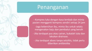 Penanganan
- Kompres luka dengan kasa lembab dan minta
pasien mengganti kompres sendiri setiap 24 jam
-Jaga kebersihan ibu, minta ibu untuk selalu
mengenakan baju dan pembalut yang bersih
- Jika terdapat pus atau cairan, bukalah luka dan
lakukan drainase.
- Jika terdapat abses tanpa selulitis, tidak perlu
diberikan antibiotika
 