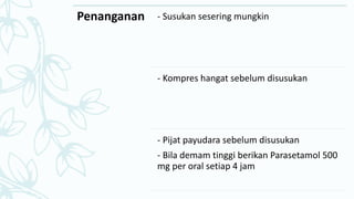 Penanganan - Susukan sesering mungkin
- Kompres hangat sebelum disusukan
- Pijat payudara sebelum disusukan
- Bila demam tinggi berikan Parasetamol 500
mg per oral setiap 4 jam
 