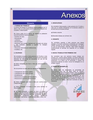 Anexos
                      Glosario                               3. DESOCUPADO

1. FUERZA DE TRABAJO
                                                             Se considera desocupada a toda persona de 15 años y
La fuerza de trabajo la constituye toda la población de 15   más que no estaba trabajando en la semana anterior a
años y más, la cual puede encontrarse en la situación de     la toma de la encuesta porque:
ocupado o desocupado.
                                                             a) Estaba cesante.
No forma parte de la fuerza de trabajo la población
económicamente inactiva: es decir:
                                                             b) Buscaba trabajo por primera vez.
• Dueñas de casa.
• Estudiantes.
                                                             4. CESANTE
• Jubilados.
• Pensionados.
                                                             Se considera cesante a toda persona que desea
• Personas que reciben ingresos por concepto de rentas       trabajar y ha hecho esfuerzos constantes por conseguir
u otra inversión, siempre y cuando no trabajen               trabajo durante los dos meses precedentes a la fecha
(Rentistas).                                                 en que es entrevistado. Además, debe haber trabajado
• Personas internadas en instituciones.                      anteriormente al período de cesantía en un empleo
• Inválidas, etc.                                            regular.

2. OCUPADO                                                   5. BUSCA TRABAJO POR PRIMERA VEZ

Se considera ocupado a toda persona de 15 años o más         Se considera que una persona busca trabajo por
que durante la semana anterior a la toma de la encuesta      primera vez, cuando desea trabajar, ha hecho esfuerzos
(semana de referencia) se encuentra en una de las            constantes por encontrar trabajo durante los dos meses
siguientes situaciones:                                      anteriores a la fecha de la entrevista y carece de
                                                             experiencia laboral, es decir, nunca ha trabajado en un
a) Había trabajado una hora o más por remuneración o         empleo regular.
ganancia.
                                                             6. TASAS DE DESEMPLEO
Se encuentran en este caso los siguientes trabajadores:
                                                             Se llama tasa de desempleo al porcentaje de
• Trabajadores del sector público                            desocupados que hay en algún área en estudio,
                                                             respecto al total de la fuerza de trabajo. Esto se aplica a
• Trabajadores del sector privado                            las tasas de desempleo por sexo. Las variaciones en las
• Empleadores                                                tasas dependen de la variación porcentual de sus
• Personal de servicios puertas adentro                      componentes. En el caso de la tasa de desempleo, si la
• Personal de servicios puertas afuera                       variación porcentual de los desocupados es mayor a la
                                                             de la fuerza de trabajo, entonces aumenta la tasa, y
                                                             viceversa.
b) Había trabajado una hora o más por cuenta propia
independiente.

c) Había trabajado 15 horas o más como familiar no
remunerado.

d) No había trabajado, a pesar de tener un empleo o
negocio, por encontrarse temporalmente ausente de su
trabajo por los siguientes motivos: problemas de salud,
vacaciones,     problemas     de     trabajo,   problemas
personales, mal tiempo, conflictos laborales u otros, etc.
 