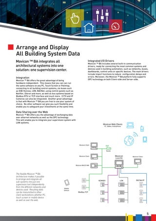 Arrange and Display
All Building System Data
Movicon ™ BA integrates all
architectural systems into one
solution: one supervision center.
Integration

Movicon ™ BA offers the great advantage of being
hardware-independent. This means that you can can run
the same software on any PC, Touch Screen or Palmtop,
connecting to all building control systems, via buses such
as EIB/ Konnex, LON, BACNet, using control panels such as
Notifier, Elkron and more, as well as bus systems based on
Modbus RTU or TCP interface and much more. CCTV and IP
Cameras can also be integrated. Another great advantage
is that with Movicon ™ BA you are free to use your system of
choice. No other software can give you such flexibility and
enable you to safeguard your investments at the same time.

Integrated I/O Drivers

Movicon ™ BA includes several built-in communication
drivers, ready for connecting the most common systems and
devices used in building automation, such as networks, buses,
dashboards, control units or specific devices. The main drivers
include import functions to reduce configuration delays and
errors. Moreover, the Movicon ™ BA platform fully supports
OPC technology on both Client-side and Server-side.

Data Sharing over the Web

Movicon ™ BA offers you the advantage of exchanging data
over ethernet networks as well as the OPC technology.
This will enable you to integrate your supervision system with
LAN systems.

Movicon Web Clients
PC, Tablets, Smartphones

Movicon Client

Router

Movicon

Movicon Client

Scada/HMI

Movicon Client

Movicon WinCE HMI

The flexible Movicon ™ BA
architecture makes it possible
to arrange and integrate all
sub-systems into just one
supervision tool independently
from the different networks and
devices used. Resulting data
can be transmitted to other
client workstations whether PC,
touch screen or mobile device
as well as over the web.

KONNEX

Mobile
Devices

LON

BACNet/IP

Modbus TCP

5

 