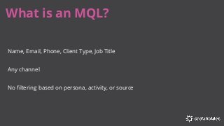 What is an MQL?
Name, Email, Phone, Client Type, Job Title
Any channel
No filtering based on persona, activity, or source
 