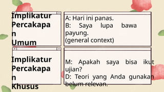 Implikatur
Percakapa
n
Umum
Implikatur
Percakapa
n
Khusus
A: Hari ini panas.
B: Saya lupa bawa
payung.
(general context)
M: Apakah saya bisa ikut
ujian?
D: Teori yang Anda gunakan
belum relevan.
 