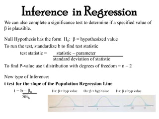 Inference in Regression
We can also complete a significance test to determine if a specified value of
β is plausible.
Null Hypothesis has the form H0: β = hypothesized value
To run the test, standardize b to find test statistic
test statistic = statistic – parameter
standard deviation of statistic
To find P-value use t distribution with degrees of freedom = n – 2
New type of Inference:
t test for the slope of the Population Regression Line
t = b – β0 Ha: β > hyp value Ha: β < hyp value Ha: β ≠ hyp value
SEb
 