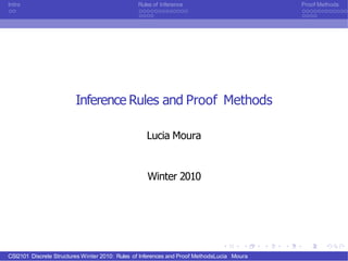 Intro Rules of Inference Proof Methods
Inference Rules and Proof Methods
Lucia Moura
Winter 2010
CSI2101 Discrete Structures Winter 2010: Rules of Inferences and Proof MethodsLucia Moura
 
