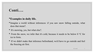 09/15/2024 11
Conti….
Examples in daily life.
Imagine a world without inferences: if you saw snow falling outside, what
does that mean?.
 It's snowing, yes, but what else?.
 From the snow, we infer that it's cold, because it needs to be below 0 °C for
ice to form.
 If we didn't make that inference beforehand, we'd have to go outside and feel
the freezing air first.
 
