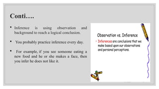 09/15/2024 13
Conti….
 Inference is using observation and
background to reach a logical conclusion.
 You probably practice inference every day.
 For example, if you see someone eating a
new food and he or she makes a face, then
you infer he does not like it.
 