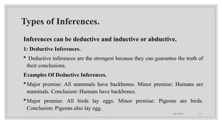 09/15/2024 15
Types of Inferences.
Inferences can be deductive and inductive or abductive.
1: Deductive Inferences.
 Deductive inferences are the strongest because they can guarantee the truth of
their conclusions.
Examples Of Deductive Inferences.
Major premise: All mammals have backbones. Minor premise: Humans are
mammals. Conclusion: Humans have backbones.
Major premise: All birds lay eggs. Minor premise: Pigeons are birds.
Conclusion: Pigeons also lay egg.
 