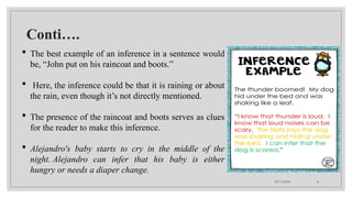 09/15/2024 8
Conti….
 The best example of an inference in a sentence would
be, “John put on his raincoat and boots.”
 Here, the inference could be that it is raining or about
the rain, even though it’s not directly mentioned.
 The presence of the raincoat and boots serves as clues
for the reader to make this inference.
 Alejandro's baby starts to cry in the middle of the
night. Alejandro can infer that his baby is either
hungry or needs a diaper change.
 