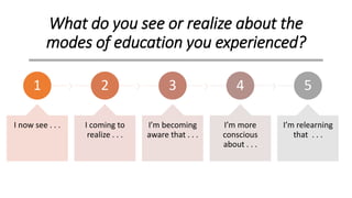 What do you see or realize about the
modes of education you experienced?
1
I now see . . .
2
I coming to
realize . . .
3
I’m becoming
aware that . . .
4
I’m more
conscious
about . . .
5
I’m relearning
that . . .
 