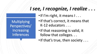 Multiplying
Perspectives/
Increasing
Inferences
•If I’m right, it means I . . .
•If that’s correct, it means that
K-12 educators . . .
•If that reasoning is valid, it
follow that colleges. . .
•If that’s true, then society . . .
I see, I recognize, I realize . . .
 