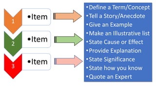 •Define a Term/Concept
•Tell a Story/Anecdote
•Give an Example
•Make an Illustrative list
•State Cause or Effect
•Provide Explanation
•State Significance
•State how you know
•Quote an Expert
1
•Item
2
•Item
3
•Item
 