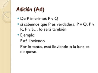 Adición  (Ad) De P inferimos P v Q si sabemos que P es verdadera, P v Q, P v R, P v S… lo será también   Ejemplo: Está lloviendo Por lo tanto, está lloviendo o la luna es de queso.   