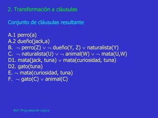 Ref: Programación Lógica 2. Transformación a cláusulas Conjunto de cláusulas resultante A.1 perro(a) A.2 dueño(jack,a) B.    perro(Z)       dueño(Y, Z)    naturalista(Y) C.    naturalista(U)       animal(W)       mata(U,W) D1. mata(jack, tuna)    mata(curiosidad, tuna) D2. gato(tuna) E.    mata(curiosidad, tuna) F.    gato(C)    animal(C) 