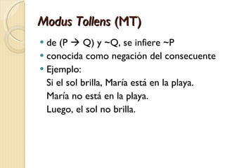 Modus Tollens  (MT) de (P    Q) y ~Q, se infiere ~P conocida como negación del consecuente Ejemplo: Si el sol brilla, María está en la playa. María no está en la playa. Luego, el sol no brilla. 