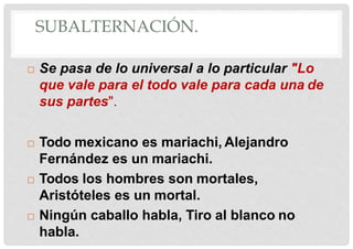 SUBALTERNACIÓN.
 Se pasa de lo universal a lo particular "Lo
que vale para el todo vale para cada una de
sus partes".
 Todo mexicano es mariachi, Alejandro
Fernández es un mariachi.
 Todos los hombres son mortales,
Aristóteles es un mortal.
 Ningún caballo habla, Tiro al blanco no
habla.
 