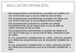 REGLAS DE OPOSICIÓN.
 Dos proposiciones contradictorias no pueden ser validas a la
vez, de tal modo que, si una es valida la otra es falsa.
 Dos proposiciones contradictorias no pueden ser falsas a la
vez, de tal modo que, si una es falsa la otra es valida.
 Dos proposiciones contrarias no pueden ser validas
simultáneamente, de tal manera que, si una de ellas es
valida, entonces la otra es falsa.
 Dos proposiciones subcontrarias no pueden ser falsas a la
vez, de tal modo que, si una de ella es falsa, entonces la otra
es valida.
 Si una proposición subalternante es valida, entonces también
son validas las proposiciones que se encuentran subalternas a
ellas.
 Si una proposición subalternante es falsa, entonces también
son falsas las proposiciones que se encuentran subalternas a
ellas.
 