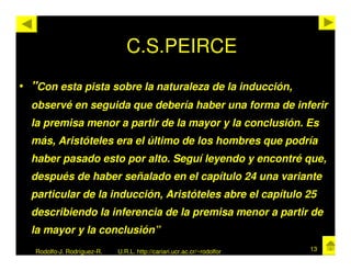 C.S.PEIRCE
• "Con esta pista sobre la naturaleza de la inducción,
  observé en seguida que debería haber una forma de inferir
  la premisa menor a partir de la mayor y la conclusión. Es
  más, Aristóteles era el último de los hombres que podría
  haber pasado esto por alto. Seguí leyendo y encontré que,
  después de haber señalado en el capítulo 24 una variante
  particular de la inducción, Aristóteles abre el capítulo 25
  describiendo la inferencia de la premisa menor a partir de
  la mayor y la conclusión”
   Rodolfo-J. Rodríguez-R.   U.R.L. http://cariari.ucr.ac.cr/~rodolfor   13
 