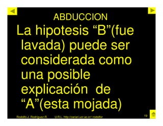 ABDUCCION
La hipotesis “B”(fue
 lavada) puede ser
 considerada como
 una posible
 explicación de
 “A”(esta mojada)
Rodolfo-J. Rodríguez-R.   U.R.L. http://cariari.ucr.ac.cr/~rodolfor   19
 