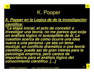 K. Pooper
K. Popper en la Logica de de la investigación
cientifica:
“La etapa inicial, el acto de concebir o
investigar una teoría, no me parece que exija
un análisis lógico ni susceptible de él. La
cuestión acerca de cómo ocurre una idea
nueva a una persona –ya sea un tema
musical, un conflicto dramático o una teoría
científica- puede ser de gran interés para la
psicología empírica, pero carece de
importancia para el análisis lógico del
conocimiento científico. […]
  Rodolfo-J. Rodríguez-R.   U.R.L. http://cariari.ucr.ac.cr/~rodolfor   27
 