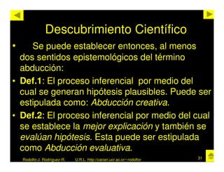 Descubrimiento Científico
•    Se puede establecer entonces, al menos
  dos sentidos epistemológicos del término
  abducción:
• Def.1: El proceso inferencial por medio del
  cual se generan hipótesis plausibles. Puede ser
  estipulada como: Abducción creativa.
• Def.2: El proceso inferencial por medio del cual
  se establece la mejor explicación y también se
  evalúan hipótesis. Esta puede ser estipulada
  como Abducción evaluativa.
    Rodolfo-J. Rodríguez-R.   U.R.L. http://cariari.ucr.ac.cr/~rodolfor   31
 