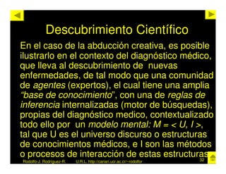 Descubrimiento Científico
En el caso de la abducción creativa, es posible
ilustrarlo en el contexto del diagnóstico médico,
que lleva al descubrimiento de nuevas
enfermedades, de tal modo que una comunidad
de agentes (expertos), el cual tiene una amplia
“base de conocimiento”, con una de reglas de
inferencia internalizadas (motor de búsquedas),
propias del diagnóstico medico, contextualizado
todo ello por un modelo mental: M = < U, I >,
tal que U es el universo discurso o estructuras
de conocimientos médicos, e I son las métodos
o procesos de interacción de estas estructuras.
                                              32
Rodolfo-J. Rodríguez-R.   U.R.L. http://cariari.ucr.ac.cr/~rodolfor
 