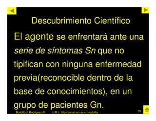 Descubrimiento Científico
El agente se enfrentará ante una
serie de síntomas Sn que no
tipifican con ninguna enfermedad
previa(reconocible dentro de la
base de conocimientos), en un
grupo de pacientes Gn.
Rodolfo-J. Rodríguez-R.   U.R.L. http://cariari.ucr.ac.cr/~rodolfor   33
 