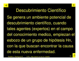Descubrimiento Científico
Se genera un ambiente potencial de
descubrimiento científico, cuando
tales agentes (expertos) en el campo
del conocimiento medico, empiezan el
esbozo de un grupo de hipótesis Hn,
con la que buscan encontrar la causa
de esta nueva enfermedad.
Rodolfo-J. Rodríguez-R.   U.R.L. http://cariari.ucr.ac.cr/~rodolfor   34
 