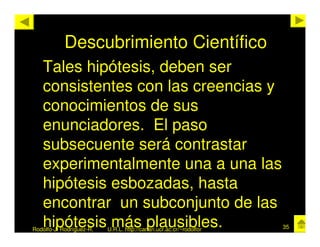 Descubrimiento Científico
   Tales hipótesis, deben ser
   consistentes con las creencias y
   conocimientos de sus
   enunciadores. El paso
   subsecuente será contrastar
   experimentalmente una a una las
   hipótesis esbozadas, hasta
   encontrar un subconjunto de las
   hipótesis más plausibles.
Rodolfo-J. Rodríguez-R.   U.R.L. http://cariari.ucr.ac.cr/~rodolfor   35
 