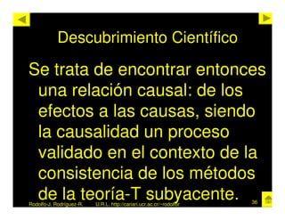 Descubrimiento Científico

Se trata de encontrar entonces
 una relación causal: de los
 efectos a las causas, siendo
 la causalidad un proceso
 validado en el contexto de la
 consistencia de los métodos
 de la teoría-T subyacente.
Rodolfo-J. Rodríguez-R.   U.R.L. http://cariari.ucr.ac.cr/~rodolfor   36
 