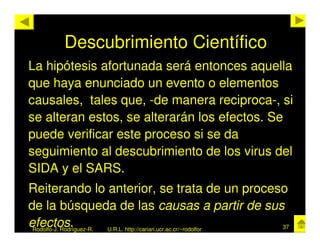 Descubrimiento Científico
La hipótesis afortunada será entonces aquella
que haya enunciado un evento o elementos
causales, tales que, -de manera reciproca-, si
se alteran estos, se alterarán los efectos. Se
puede verificar este proceso si se da
seguimiento al descubrimiento de los virus del
SIDA y el SARS.
Reiterando lo anterior, se trata de un proceso
de la búsqueda de las causas a partir de sus
efectos.
 Rodolfo-J. Rodríguez-R. U.R.L. http://cariari.ucr.ac.cr/~rodolfor 37
 