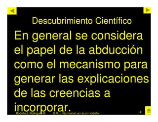 Descubrimiento Científico
En general se considera
el papel de la abducción
como el mecanismo para
generar las explicaciones
de las creencias a
incorporar.
Rodolfo-J. Rodríguez-R.   U.R.L. http://cariari.ucr.ac.cr/~rodolfor   41
 