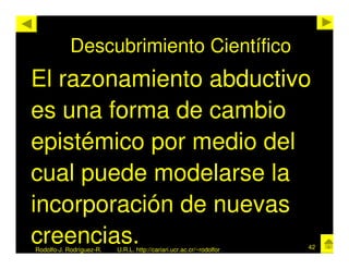Descubrimiento Científico
El razonamiento abductivo
es una forma de cambio
epistémico por medio del
cual puede modelarse la
incorporación de nuevas
creencias.
Rodolfo-J. Rodríguez-R.   U.R.L. http://cariari.ucr.ac.cr/~rodolfor   42
 