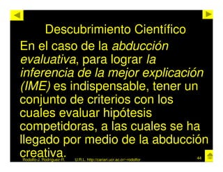 Descubrimiento Científico
En el caso de la abducción
evaluativa, para lograr la
inferencia de la mejor explicación
(IME) es indispensable, tener un
conjunto de criterios con los
cuales evaluar hipótesis
competidoras, a las cuales se ha
llegado por medio de la abducción
creativa.
Rodolfo-J. Rodríguez-R.   U.R.L. http://cariari.ucr.ac.cr/~rodolfor   44
 