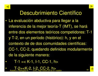 Descubrimiento Científico
• La evaluación abductiva para llegar a la
  inferencia de la mejor teoría-T (IMT), se hará
  entre dos elementos teóricos competidores: T-1
  y T-2, en un período (histórico): h, y en el
  contexto de de dos comunidades científicas:
  CC-1, CC-2, quedando definidos modularmente
  de la siguiente manera:
•        T-1 =< K-1, I-1, CC-1, h>
•        T-2=<K-2, U.R.L. http://cariari.ucr.ac.cr/~rodolfor
                   I-2, CC-2, h>
    Rodolfo-J. Rodríguez-R.                                    49
 