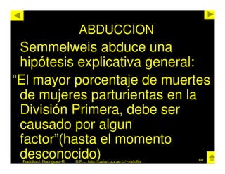 ABDUCCION
 Semmelweis abduce una
 hipótesis explicativa general:
“El mayor porcentaje de muertes
 de mujeres parturientas en la
 División Primera, debe ser
 causado por algun
 factor”(hasta el momento
 desconocido)
 Rodolfo-J. Rodríguez-R.   U.R.L. http://cariari.ucr.ac.cr/~rodolfor   60
 