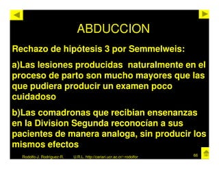 ABDUCCION
Rechazo de hipótesis 3 por Semmelweis:
a)Las lesiones producidas naturalmente en el
proceso de parto son mucho mayores que las
que pudiera producir un examen poco
cuidadoso
b)Las comadronas que recibian ensenanzas
en la Division Segunda reconocían a sus
pacientes de manera analoga, sin producir los
mismos efectos
  Rodolfo-J. Rodríguez-R.   U.R.L. http://cariari.ucr.ac.cr/~rodolfor   66
 
