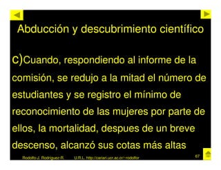 Abducción y descubrimiento científico

c)Cuando, respondiendo al informe de la
comisión, se redujo a la mitad el número de
estudiantes y se registro el mínimo de
reconocimiento de las mujeres por parte de
ellos, la mortalidad, despues de un breve
descenso, alcanzó sus cotas más altas
  Rodolfo-J. Rodríguez-R.   U.R.L. http://cariari.ucr.ac.cr/~rodolfor   67
 
