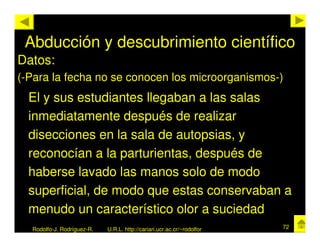 Abducción y descubrimiento científico
Datos:
(-Para la fecha no se conocen los microorganismos-)
  El y sus estudiantes llegaban a las salas
  inmediatamente después de realizar
  disecciones en la sala de autopsias, y
  reconocían a la parturientas, después de
  haberse lavado las manos solo de modo
  superficial, de modo que estas conservaban a
  menudo un característico olor a suciedad
  Rodolfo-J. Rodríguez-R.   U.R.L. http://cariari.ucr.ac.cr/~rodolfor   72
 