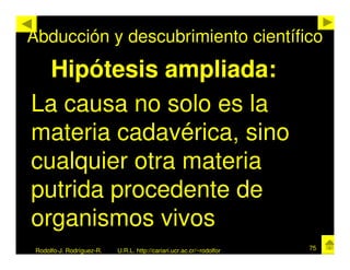 Abducción y descubrimiento científico
  Hipótesis ampliada:
La causa no solo es la
materia cadavérica, sino
cualquier otra materia
putrida procedente de
organismos vivos
 Rodolfo-J. Rodríguez-R.   U.R.L. http://cariari.ucr.ac.cr/~rodolfor   75
 