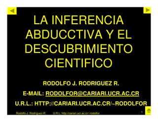 LA INFERENCIA
      ABDUCCTIVA Y EL
      DESCUBRIMIENTO
         CIENTIFICO
                    RODOLFO J. RODRIGUEZ R.
     E-MAIL: RODOLFOR@CARIARI.UCR.AC.CR
U.R.L.: HTTP://CARIARI.UCR.AC.CR/~RODOLFOR
Rodolfo-J. Rodríguez-R.   U.R.L. http://cariari.ucr.ac.cr/~rodolfor   1
 