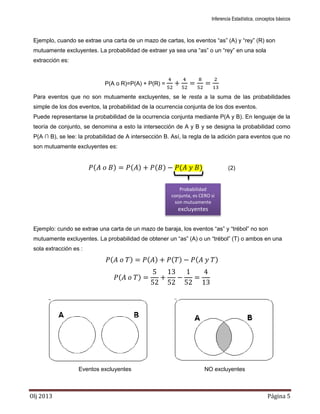 Inferencia Estadística, conceptos básicos
Olj 2013 Página 5
Ejemplo, cuando se extrae una carta de un mazo de cartas, los eventos “as” (A) y “rey” (R) son
mutuamente excluyentes. La probabilidad de extraer ya sea una “as” o un “rey” en una sola
extracción es:
P(A o R)=P(A) + P(R) =
Para eventos que no son mutuamente excluyentes, se le resta a la suma de las probabilidades
simple de los dos eventos, la probabilidad de la ocurrencia conjunta de los dos eventos.
Puede representarse la probabilidad de la ocurrencia conjunta mediante P(A y B). En lenguaje de la
teoría de conjunto, se denomina a esto la intersección de A y B y se designa la probabilidad como
P(A ∩ B), se lee: la probabilidad de A intersección B. Así, la regla de la adición para eventos que no
son mutuamente excluyentes es:
( ) ( ) ( ) ( ) (2)
Ejemplo: cundo se extrae una carta de un mazo de baraja, los eventos “as” y “trébol” no son
mutuamente excluyentes. La probabilidad de obtener un “as” (A) o un “trébol” (T) o ambos en una
sola extracción es :
( ) ( ) ( ) ( )
( )
Eventos excluyentes NO excluyentes
Probabilidad
conjunta, es CERO si
son mutuamente
excluyentes
 