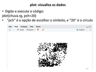 • Digite e execute o código:
plot(chuva.rg, pch=20)
• “pch” é a opção de escolher o símbolo, e “20” é o círculo
plot: visualiza os dados
102
 