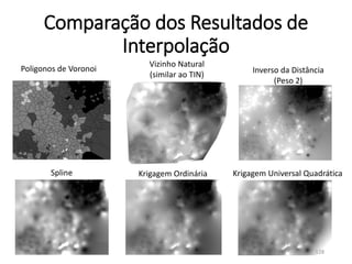 Comparação dos Resultados de
Interpolação
Krigagem Universal QuadráticaSpline
Inverso da Distância
(Peso 2)
Vizinho Natural
(similar ao TIN)
Poligonos de Voronoi
Krigagem Ordinária
128
 