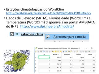 • Estações climatológicas do WordClim
https://databasin.org/datasets/15a31dec689b4c958ee491ff30fcce75
• Dados de Elevação (SRTM), Pluviosidade (WordClim) e
Temperatura (WordClim) disponíveis no portal AMBDATA
do INPE: http://www.dpi.inpe.br/Ambdata/
25
 